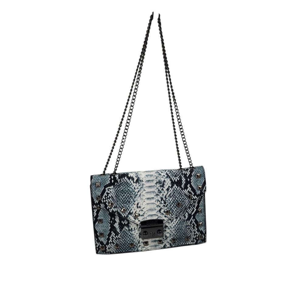 Badgley Mischka Blue Snakeskin Studded Vegan Leather Chain Strap Crossbody Bag